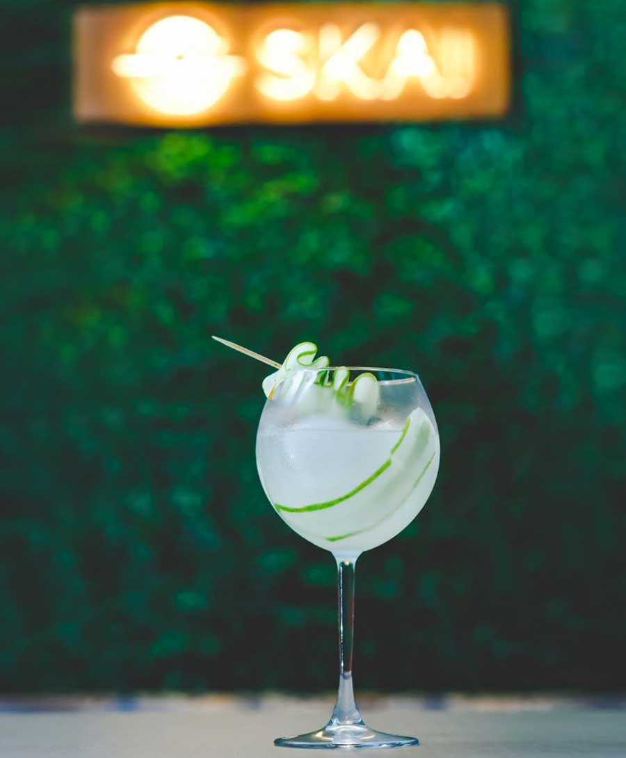 Skai Collins (110 calories, approx) – SKAI: A skinnier rendition of Tom Collins, this gin cocktail uses a salt lime cordial instead of sugar syrup. It also features cucumber and soda