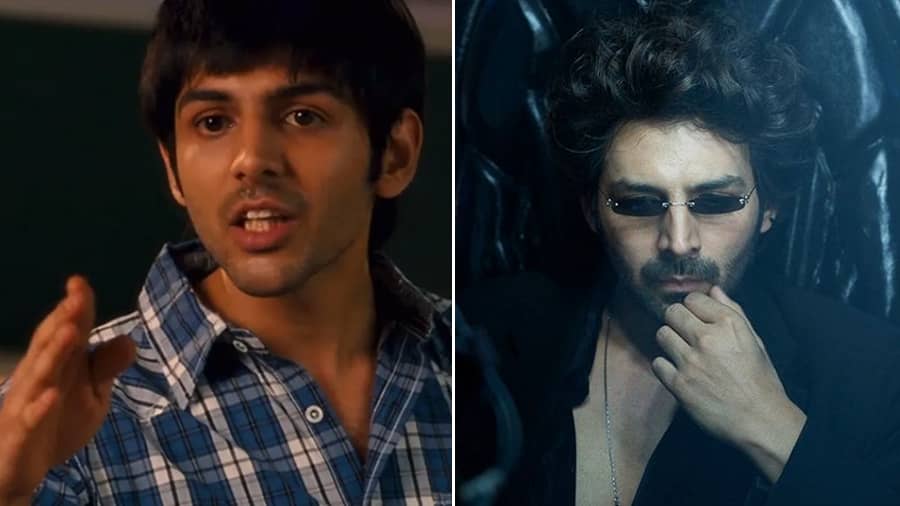 Kartik Aaryan in Pyaar Ka Punchnama (left) and Bhool Bhulaiyaa 2