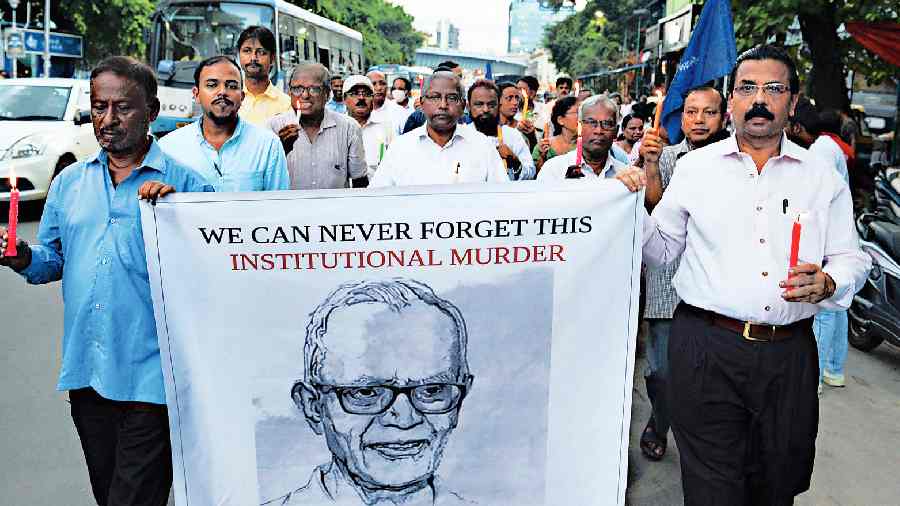 The rally for Father Stan Swamy in Park Circus on Tuesday. 
