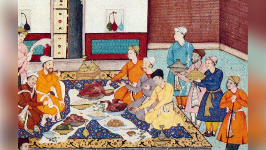 A banquet for Babur, 1507, in a painting from circa 1590