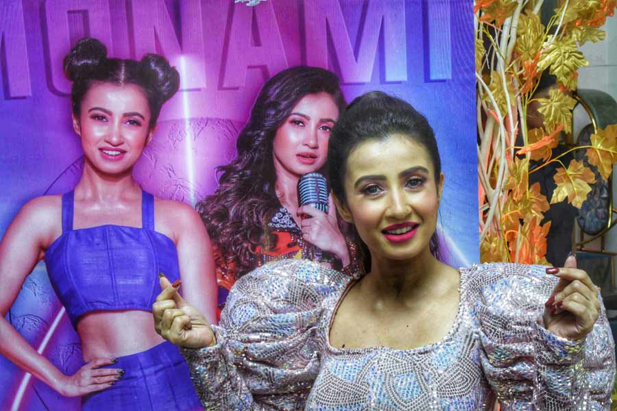 Actor-turned-singer Monami Ghosh at the launch of her music video ‘Vitamin M’ at a city mall on Wednesday.