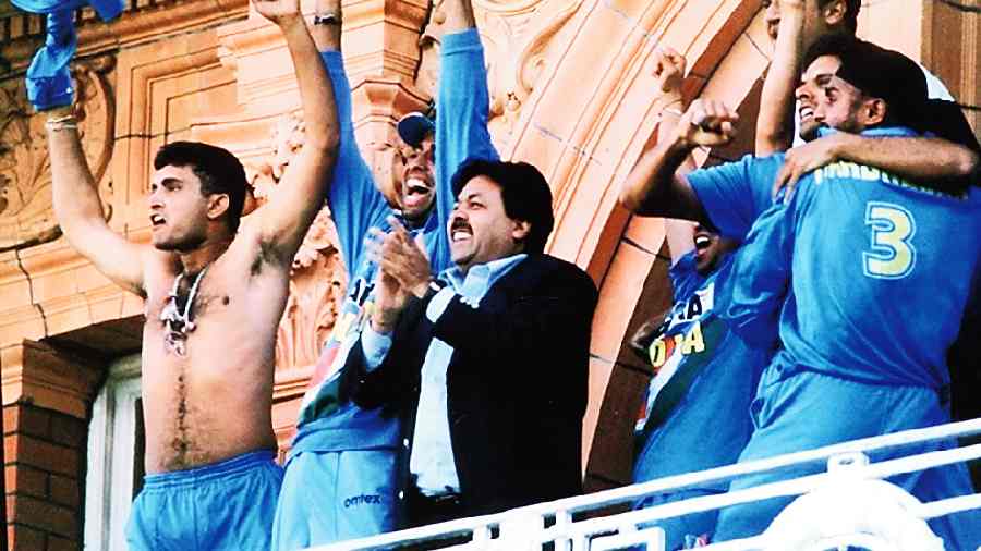 Sourav Ganguly celebrating exuberantly on the Lord’s balcony after India win the 2002 NatWest Trophy, with three balls remaining. 