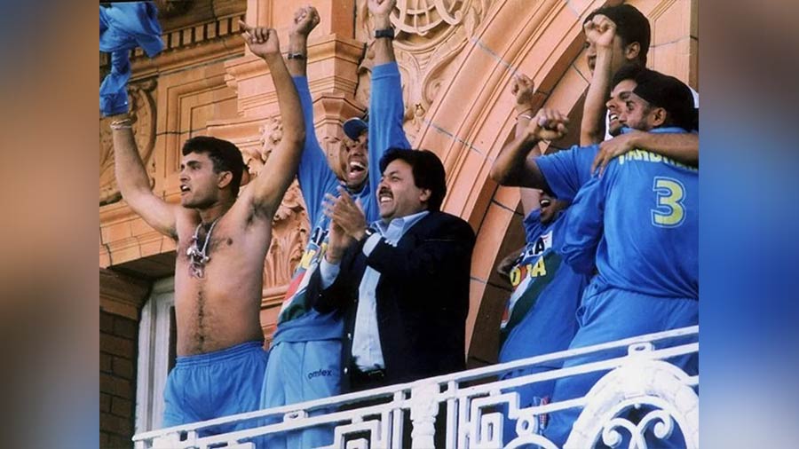 Ganguly in the midst of his iconic celebration after India beat England in the Natwest Series final at Lord’s in 2002