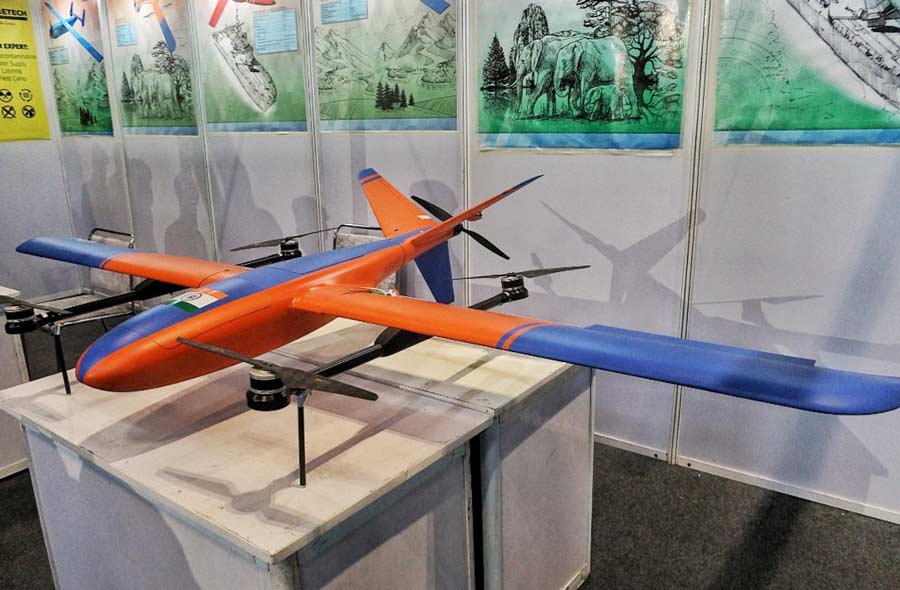 A Narwhal unmanned aerial vehicle at the defence expo. It is used to deal with challenging operational areas and respond to difficult missions on time. 