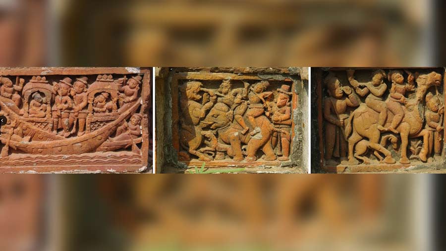 Terracotta panels on the walls on the Nandi family temple