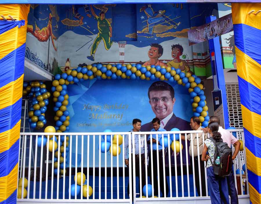 A portion of the outer walls of the Eden Gardens was decorated to celebrate BCCI president Sourav Ganguly’s 50th birthday on Friday.