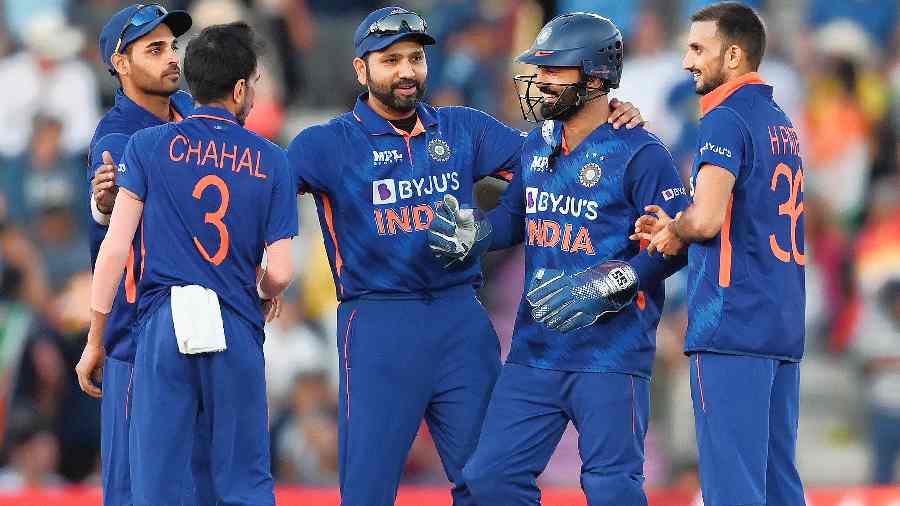 India captain Rohit Sharma celebrates with teammates after Moeen Ali’s dismissal in the first T20I against England at the Ageas Bowl in Southampton on Thursday.