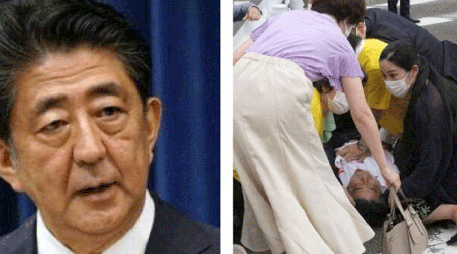 (Left) Shinzo Abe; (right) Former Japanese Prime Minister lies on the ground after he was shot during an election campaign in Nara, western Japan, on Friday.