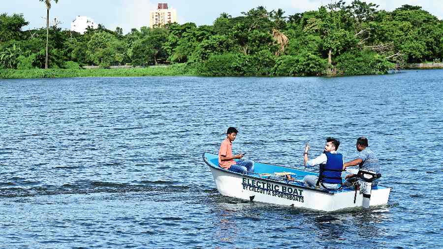 A trial run of an electric boat in the Rabindra Sarobar on Friday. 