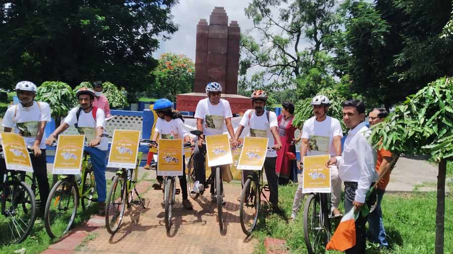 Participants at a cycle rally to mark Netaji Subhas Chandra Bose’s historic clarion call, “Dilli chalo”, against the British Raj, on Tuesday, July 5. Netaji announced the movement on the same day in 1943.