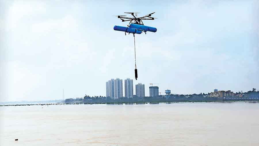 An aerial drone over the Hooghly river in Barrackpore as a part of a demonstration by the CIFRI. 
