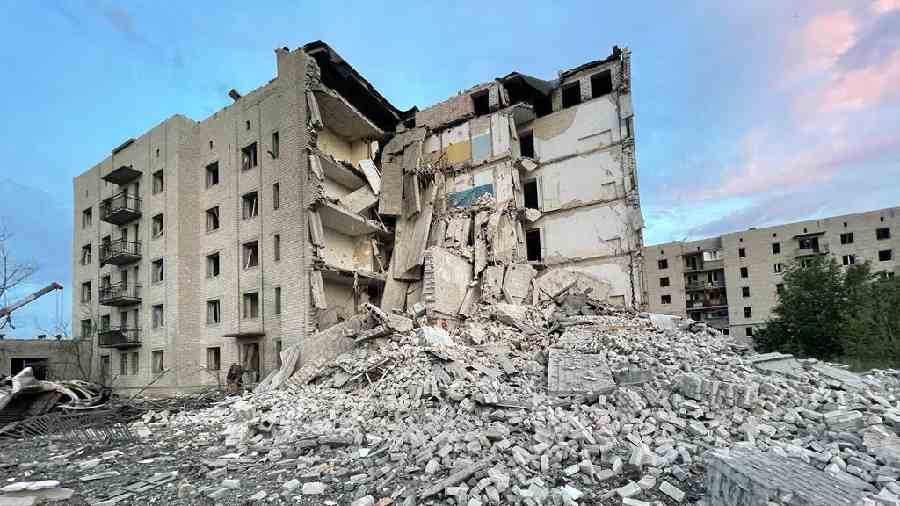 The building ravaged by the Russian missile strike at Chasiv Yar in Ukraine. 