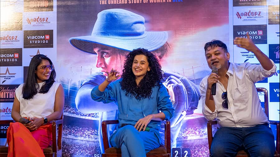 (L-R) Mithali Raj, Taapsee Pannu and Srijit Mukherji discuss Shabaash Mithu at Eden Gardens. The film releases on July 15. 