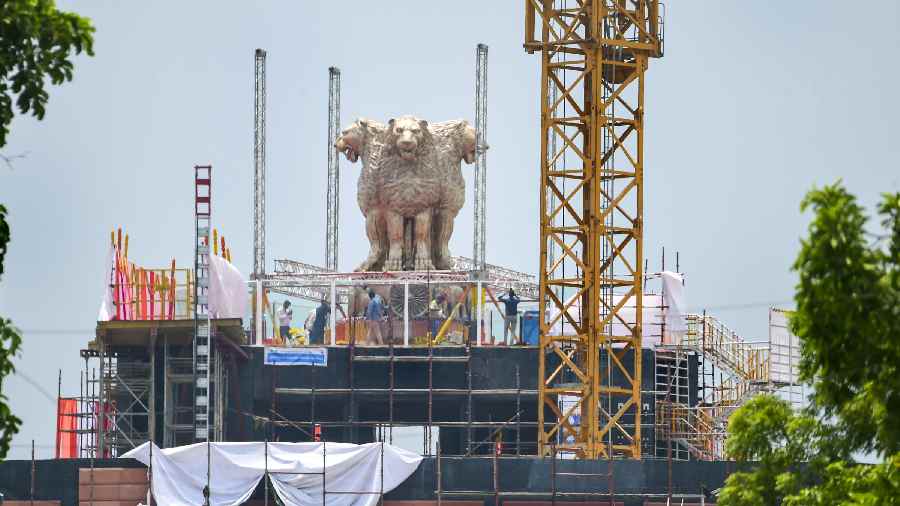 View of the national emblem, which was unveiled by Prime Minister Narendra Modi cast on the roof of New Parliament House building, in New Delhi