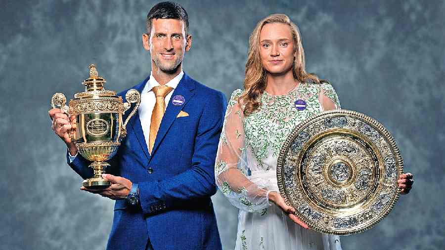 Novak Djokovic and Elena Rybakina, the Wimbledon men’s and women’s singles champions, respectively,  at the Wimbledon Ball on Sunday. 