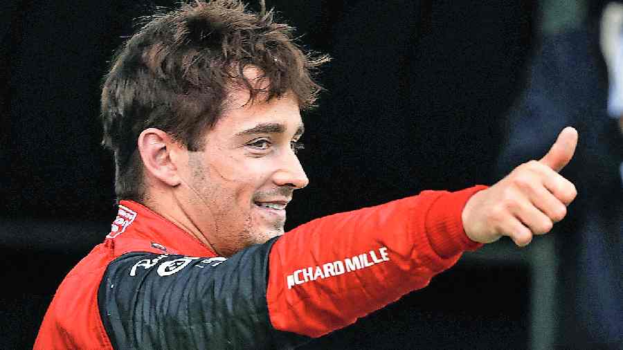 Ferrari’s Charles Leclerc celebrates after winning the Austrian GP in Spielberg on Sunday.