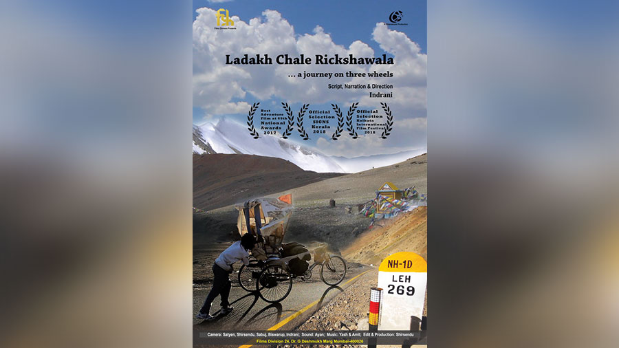 Poster of ‘Ladakh Chale Rickshawala’, a documentary on Satyen Das by Indrani Chakraborty