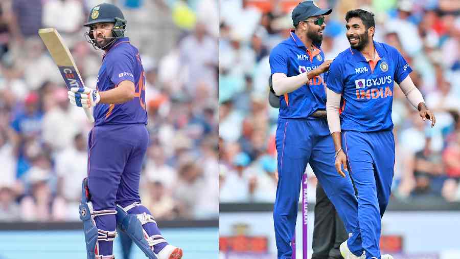 India captain Rohit Sharma after completing his half-century against England and (picture right) Jasprit Bumrah celebrates with Hardik Pandya (left) after taking one of his six wickets, at The Oval on Tuesday. 
