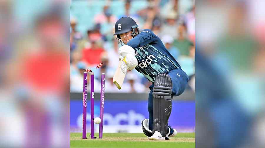 Jason Roy is bowled out by Jasprit Bumrah (not in picture) in the first ODI on Tuesday. 