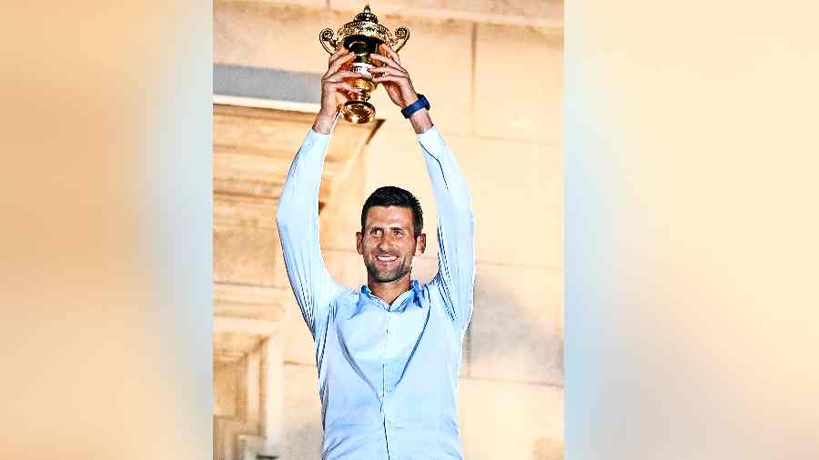 Novak Djokovic with the Wimbledon trophy during a ceremony organised to welcome him in Belgrade on Monday.