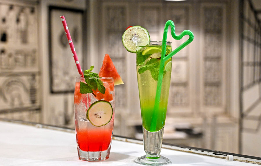 Patrons can enjoy a variety of colourful and refreshing mocktails at the restaurant like (L-R) What-A-Melon (Rs 160) and Green Sea (Rs 140)