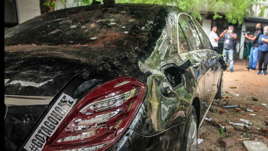  Mangled remains of a vehicle inside the residence of Sri Lankan Prime Minister