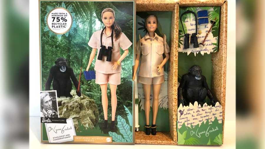 The Jane Goodall Barbie doll, sold with a separate David Greybeard chimp accessory 