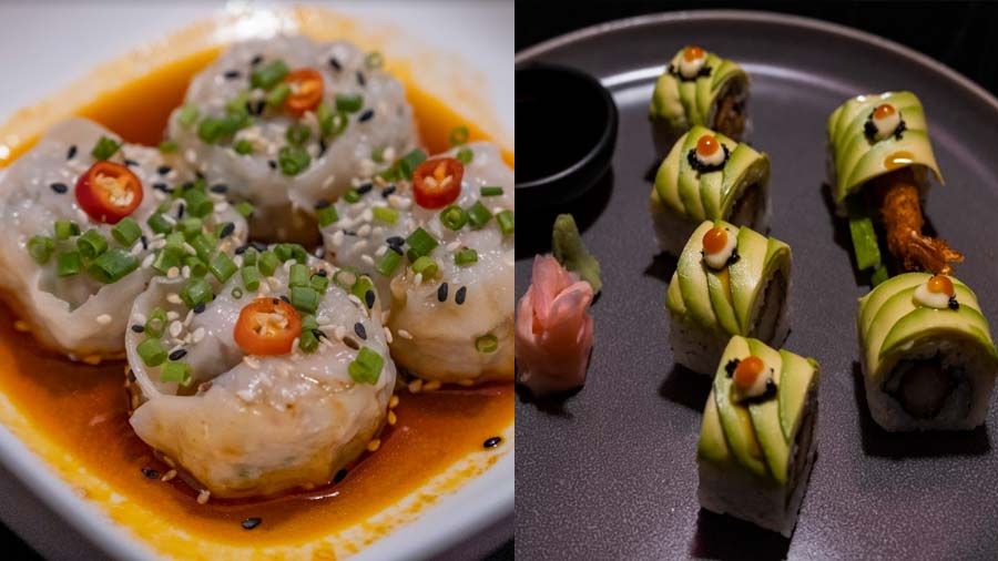 Peking Chicken Dim Sum and Prawn Dragon Roll Sushi