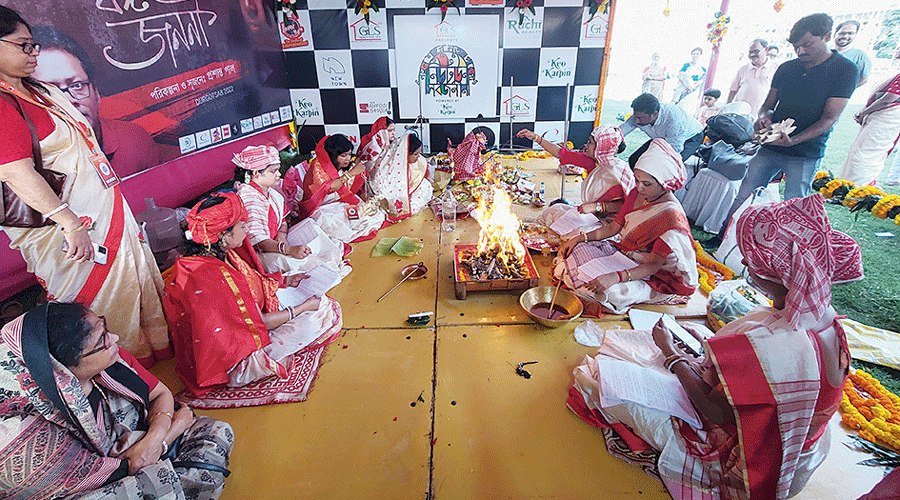 Women priests perform khuti puja at the  site on Wednesday. 