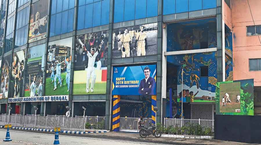 The Eden Gardens clubhouse decorated with a banner wishing Sourav Ganguly on his 50th birthday.