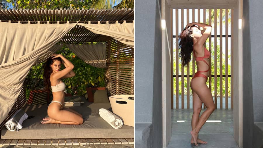   Disha, who stars in Ek Villain Returns, is an absolute beach bum and knows how to rock beachwear – be it an orange strappy number or a classic cream off-shoulder two-piece. 