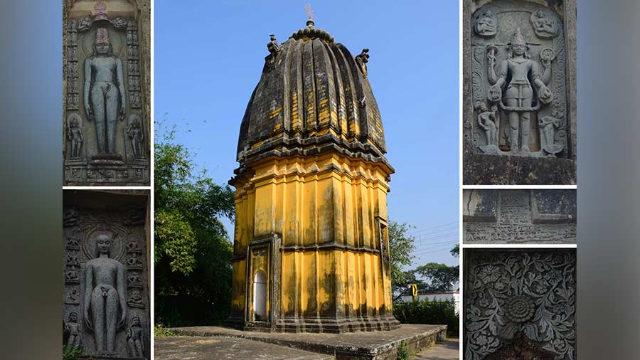 Pancharatha Deul style temple at Dharapat and (inset) the statues, floral motifs and the foundation stone on the wall of the temple, 11km north of Bishnupur