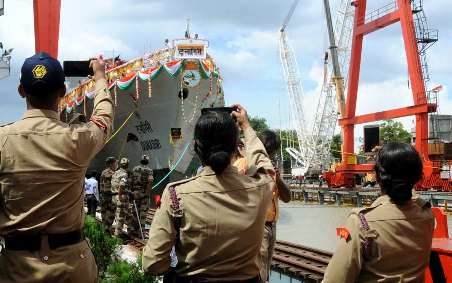 Dunagiri, a warship built by the Garden Reach Shipbuilders & Engineers Ltd, being launched into the Hooghly in the presence of Union defence minister Rajnath Singh on Friday. The ship has been named after a mountain range in Uttarakhand.