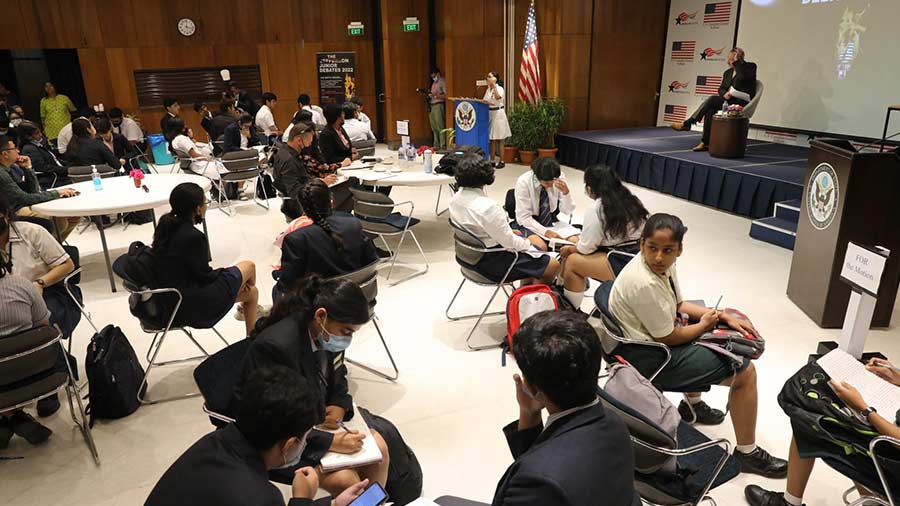 The debate in progress at Lincoln Room of American Center, Kolkata.