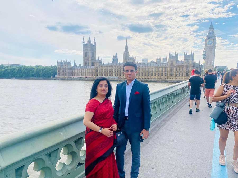 (L-R) Dancer Dona Ganguly and BCCI president Sourav Ganguly in London. The former national cricket team captain recently celebrated his 50th birthday in London with family and friends. Dona uploaded this photograph on Instagram on Friday, July 15.