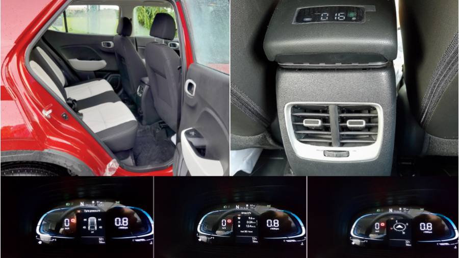 (Clockwise from top left) The front seat backs have been scooped out to create more rear legroom; The air purifier is now integrated into the arm rest and there are USB C ports as well; The new instrument cluster has displays for the tyre pressure monitoring system, fuel efficiency statistics and compass
