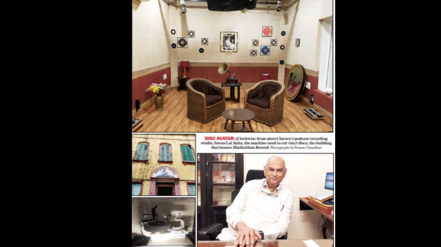 DISC AVATAR: (Clockwise from above) Inreco’s podcast recording studio; Sovan Lal Saha; the machine used to cut vinyl discs; the building that houses Hindusthan Record. 