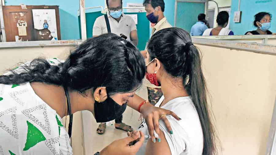 Covid vaccination at a KMC-run health centre in Chetla on Saturday.