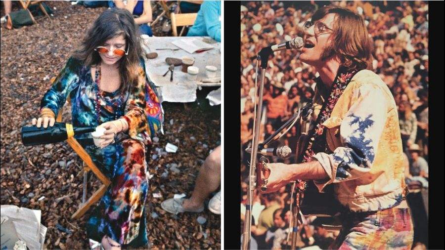 (L) Janis Joplin and (R) John Sebastian seen wearing tie-dye prints at the Woodstock Music and Art Fair, 1969  