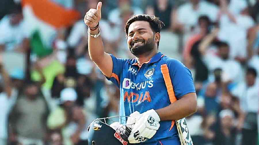 Rishabh Pant after scoring the winning boundary in the third ODI against England at Old Trafford on Sunday. 