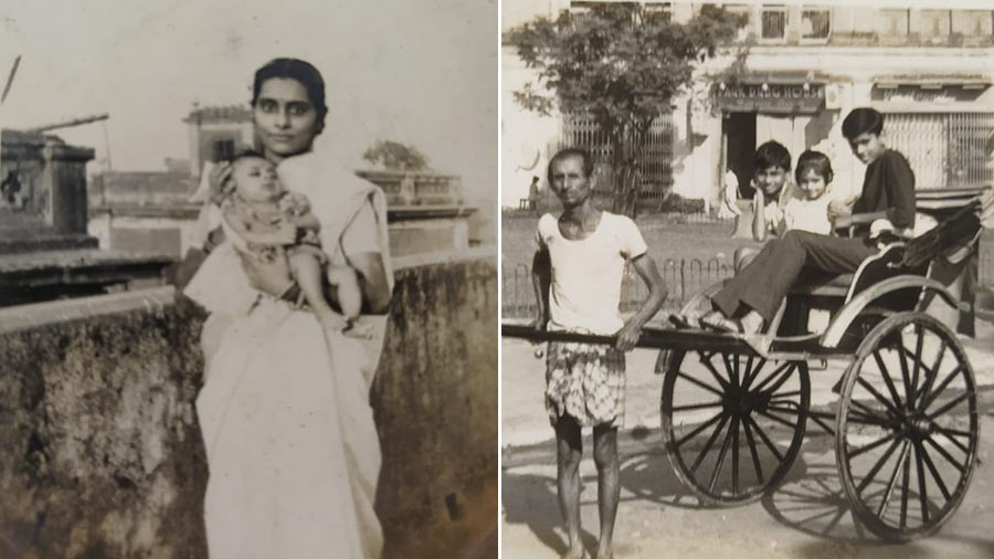 Jayanti on the terrace of her father’s house in Maniktala with her first-born and then later all three of her children (Subrata, Subir and Rini) in a hand-pulled rickshaw in Calcutta of the 1960s