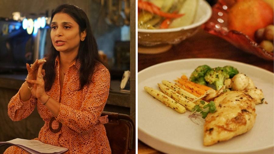 Mayanka Singhal at the Healthy Eating, Diet and Easy Recipes workshop (left) and grilled chicken by chef Ritabrata Biswas