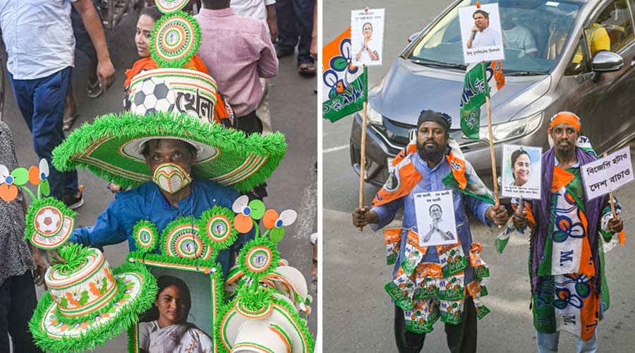 A vendor carrying a poster of TMC Supremo and West Bengal Chief Minister Mamata Banerjee sells hats with TMCs logo on them and (right) TMC activists carry party flag and posters of TMC Supremo and West Bengal Chief Minister Mamata Banerjee 