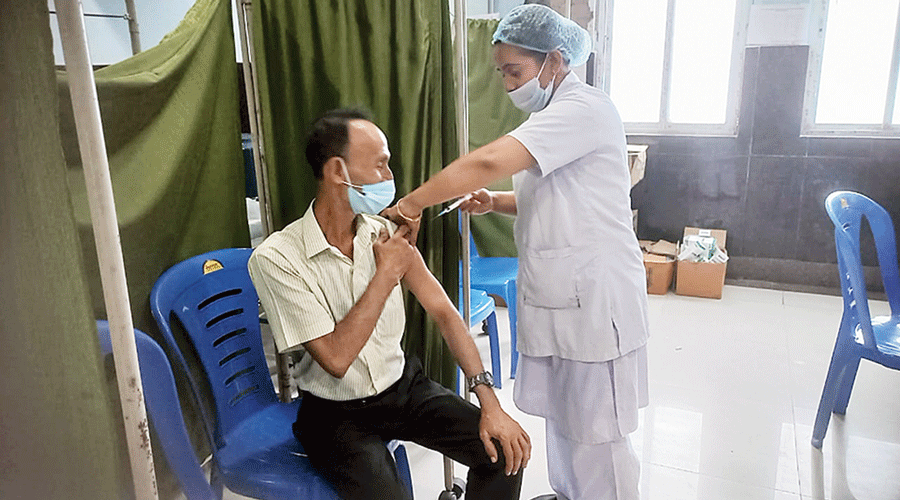 A man being jabbed on Friday at the subdivisional hospital.