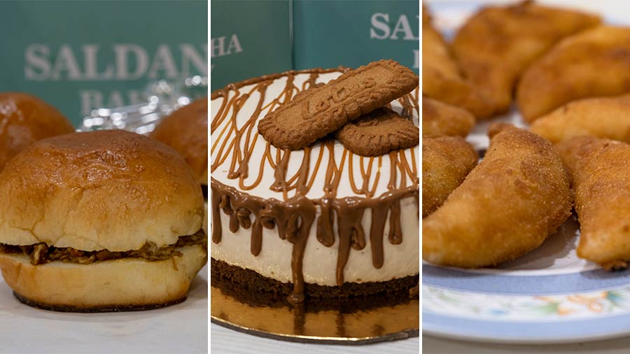 (L-R) Goan Chicken Paosin, Biscoff Cheesecake and Prawn Delights -- a few of the new items on Saldanha's menu