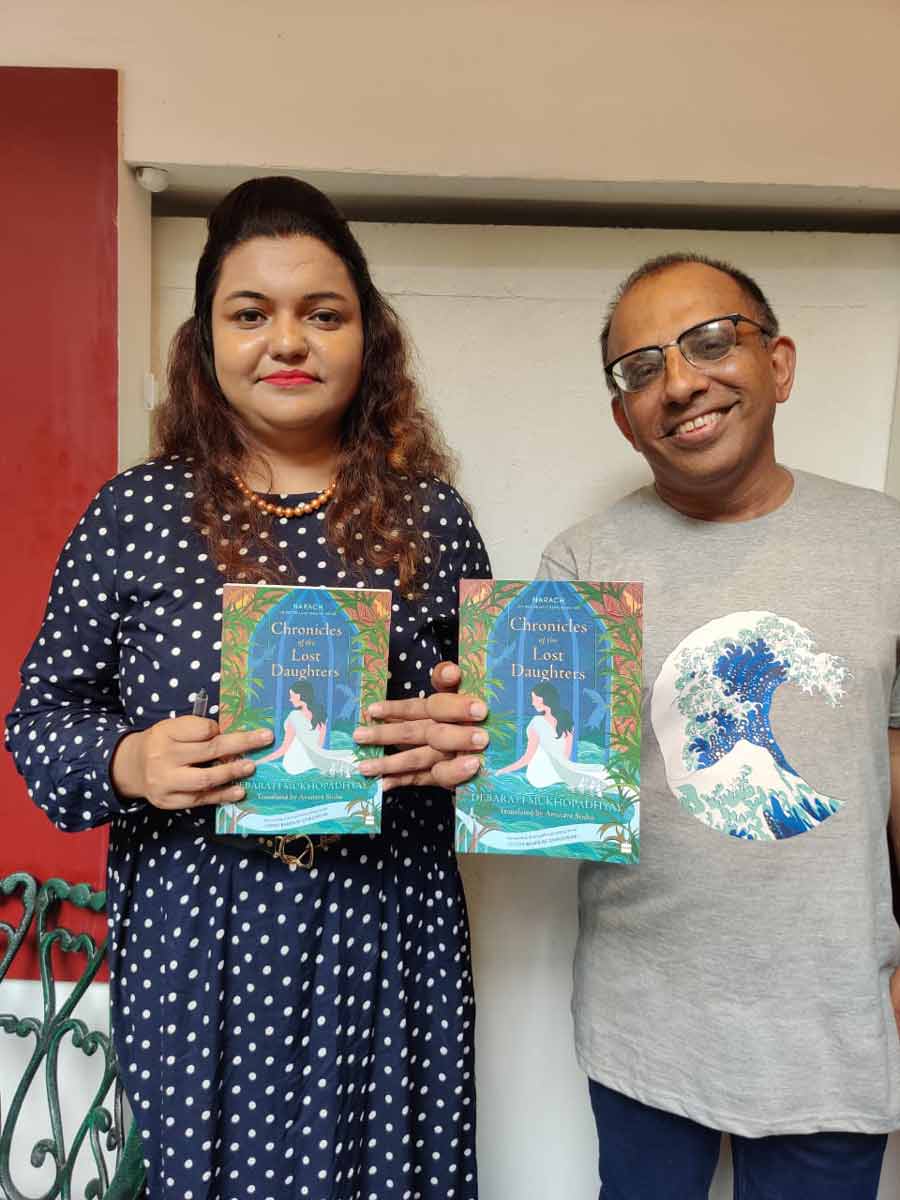 (From L-R) Writer Debarati Mukhopadhyay and translator Arunava Sinha after a lively discussion on the former’s book ‘Chronicles of the Lost Daughters’ at Roastery Coffee House on Friday. The event was organised by Storyteller Bookstore and Bahri Booksellers. The book, which was originally written in Bengali with the title ‘Narach’, has been translated into English by Sinha.