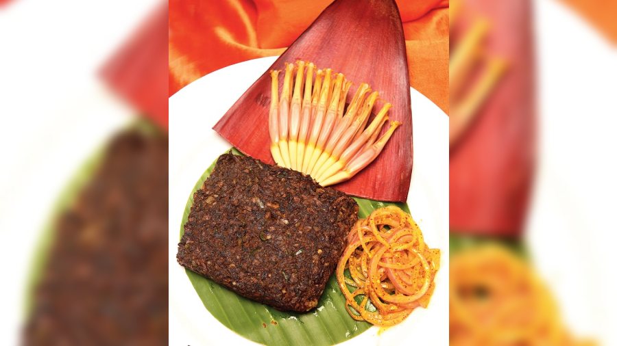 Baked Hilsa With Banana Flower (Boneless): A crunchy fare that leaves your taste buds wanting more, this Baked Hilsa preparation is an exciting mixture of spiced banana flower along with hilsa, cooked together to absolute perfection in a way that enhances the taste and aroma of all ingredients involved exponentially. Rs 1,145-plus