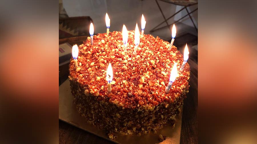 An almond crunch and cream nougat birthday cake by Pia 