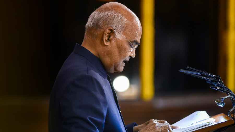 Outgoing President Ram Nath Kovind delivers his farewell address during a function at Parliament House in New Delhi on Saturday