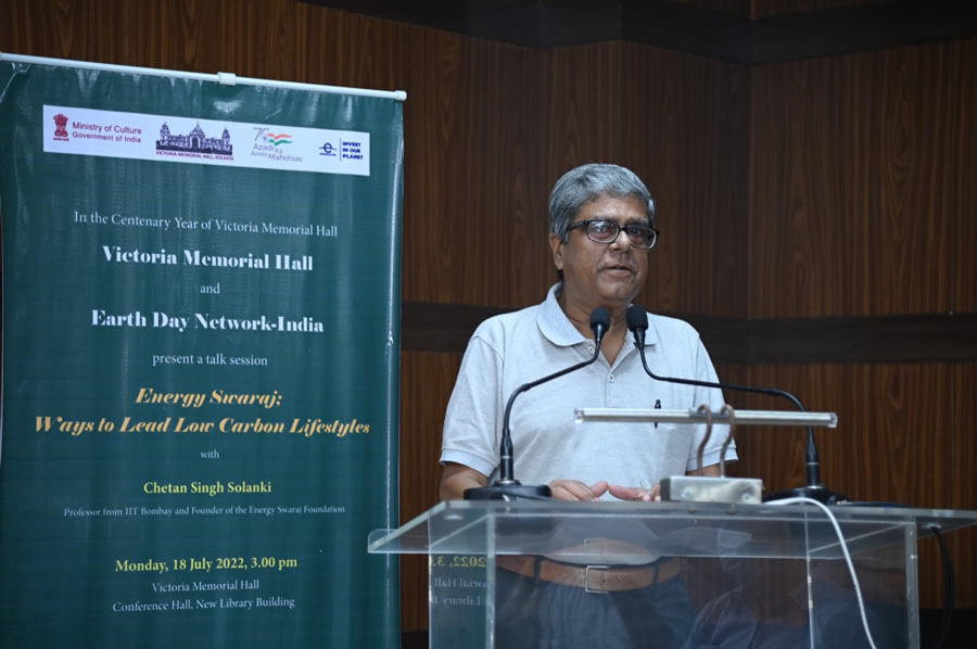 Raju Raman, programme consultant at the Victoria Memorial Hall, speaks at a talk on ‘Energy Swaraj: Ways to Lead Low Carbon Lifestyles’ on July 18. The talk was organised by the Victoria Memorial Hall and the Earth Day Network-India.